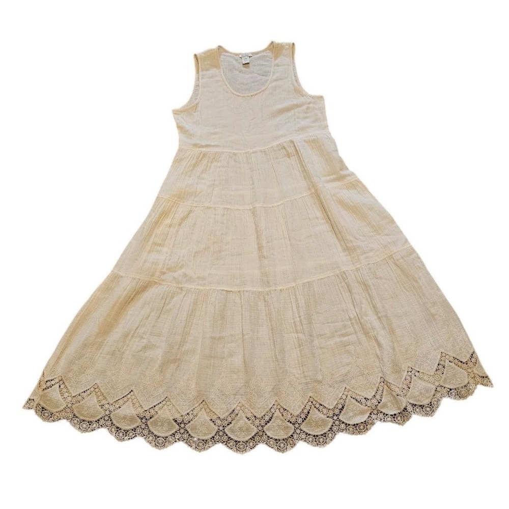 Sundance Cream Cotton Gauze Tiered Sleeveless Maxi Dress Lace Trim Hem Large